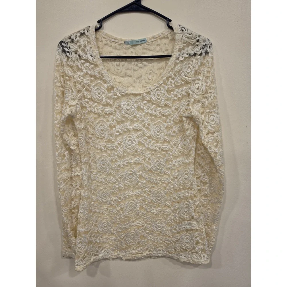 Lace Floral Top Womens‎ Medium Ivory Sheer Stretch Long Sleeve Romantic
